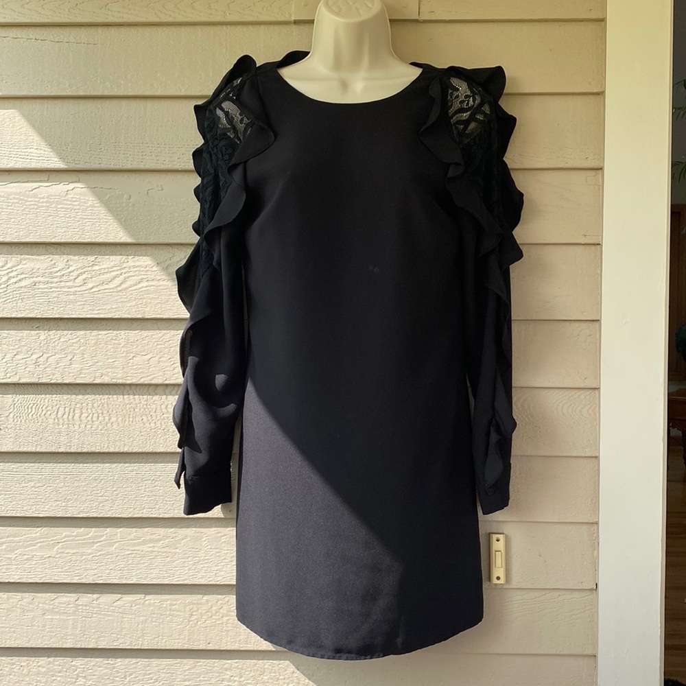 Wish black mini shift dress with lace shoulders